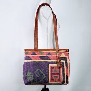 Embroidered Southwestern Pattern Hinged Top Tote Bag